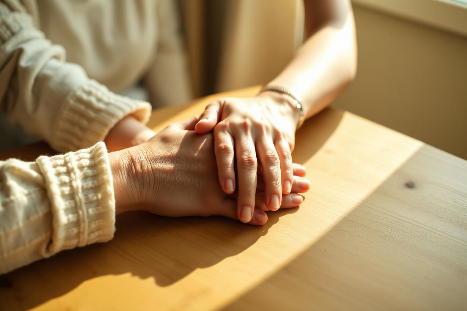 Three generations of hands resting together